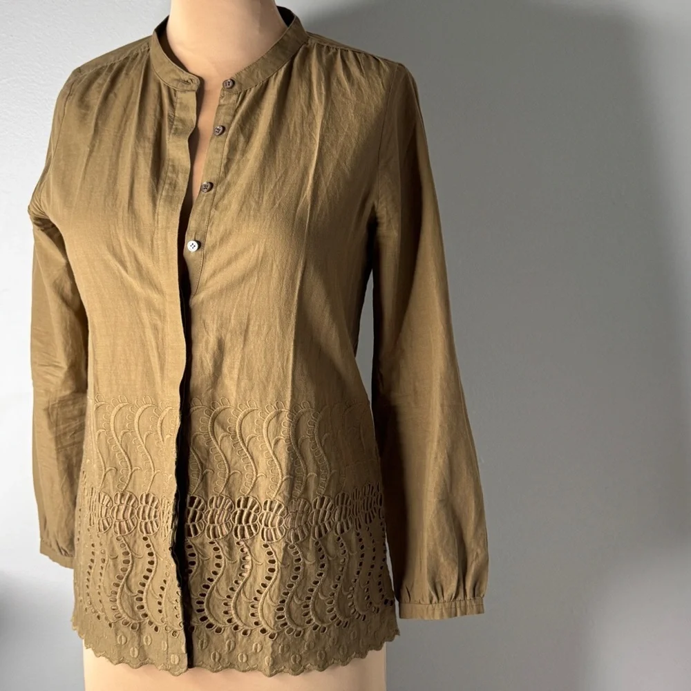 J.Crew Olive Green 100% Cotton Button-Up Women's Top Embroidery Lace Embroidered - Picture 2 of 11